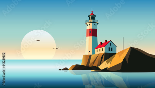 Lighthouse and sea background vector illustration with beautiful seaside horizon in tranquil scene with beautiful colours