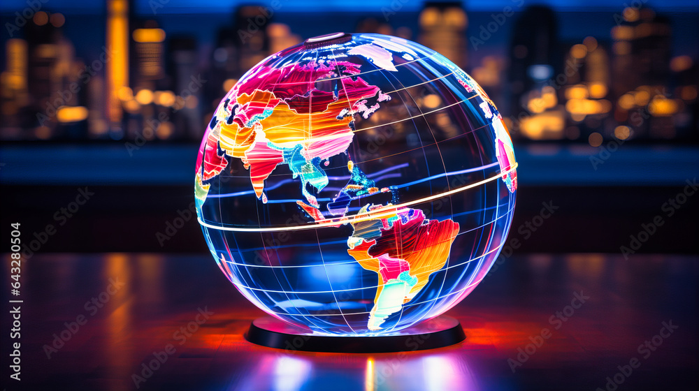 Neon globe rotating, highlighting luminescent continents - obrazy, fototapety, plakaty 