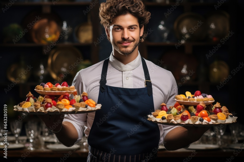 Man pastry chef with tray of cakes Man pastry chef with tray of cakes
