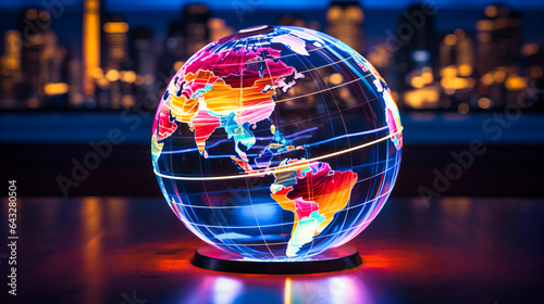Neon globe rotating, highlighting luminescent continents photo