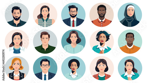 People faces avatars vector collection - Set of various diverse character heads in round frames. Flat design illustrations with white background photo