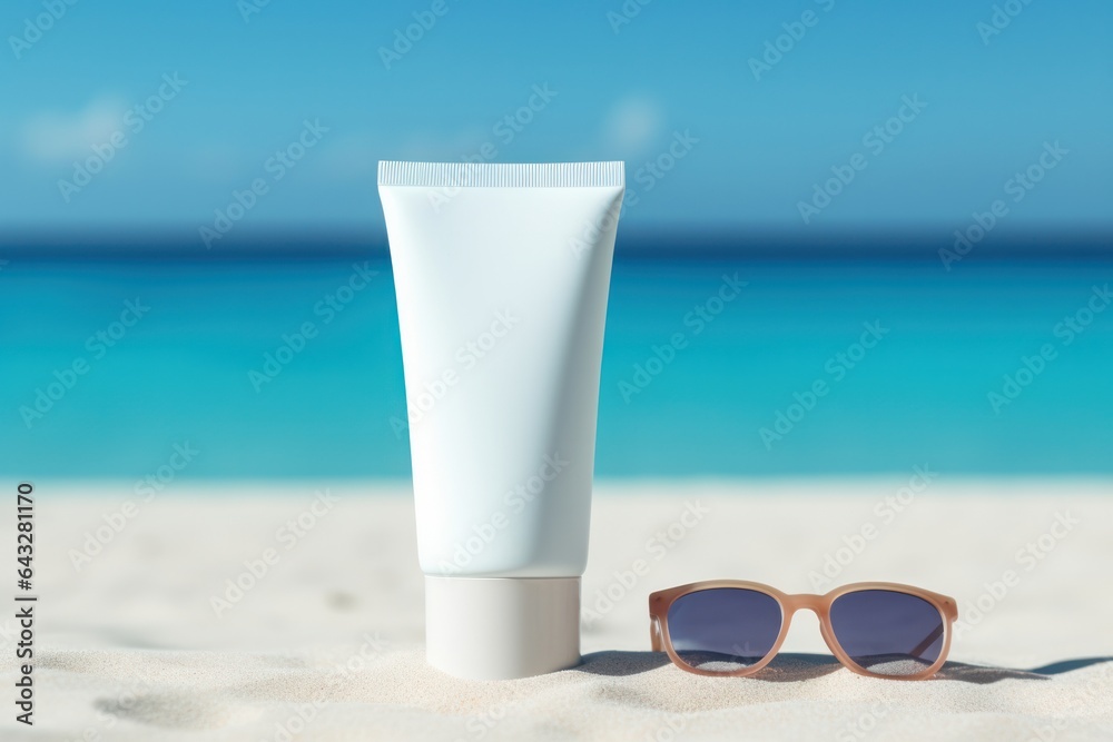 Summer skincare: Empty tube on sandy beach, paired with sunglasses, blue sea backdrop. SPF UV-protective concept, offering space for vacation vibes.