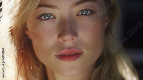 Scandinavian Beauty in Sunlight: Close-Up of a Freckled Blonde Woman Embracing her Natural Radiance.