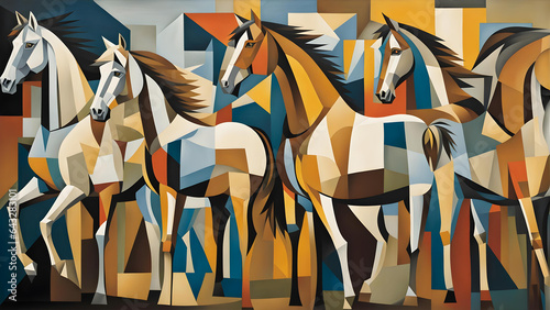 cubist style abstract painting of a group of horses in colorful geometric shapes