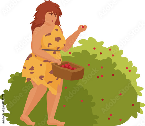 Stone age woman picking berries. Primitive food harvesting, prehistoric lifestyle cartoon vector illustration