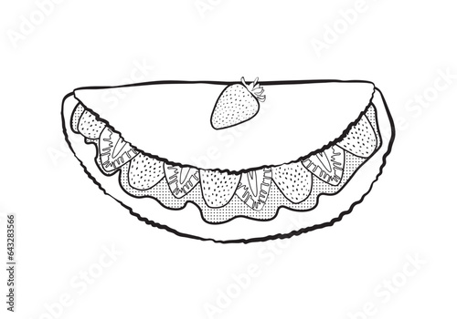 Brazilian food tapioca with strawberries and cream. Drawing made with black lines. Food made from cassava starch with various fillings. Vector illustration isolated on transparent background