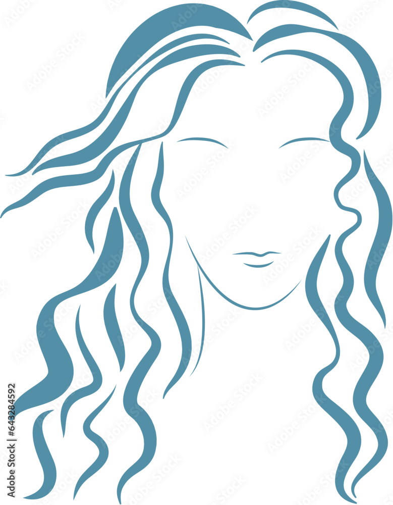 Woman face with wavy hair logo silhouette. Moderne glamorous hairdress vector illustration