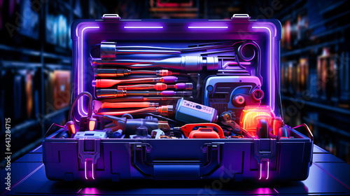 Fotografia Neon toolbox filled with luminous tools of the trade