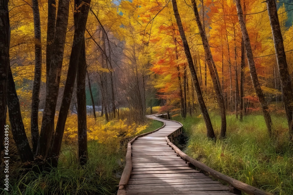 a wooden walkway in the woods with fall foliages and yellow leaves on trees behind it photo by steve gardin