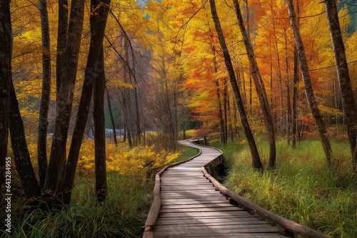 a wooden walkway in the woods with fall foliages and yellow leaves on trees behind it photo by steve gardin