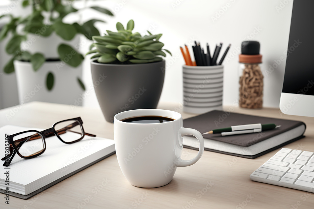 Workspace in a loft with a coffee cup and accessories. with space for your text or mockup in the copy. Generative AI Workspace in a loft with a coffee cup and accessories. with space for your text or mockup in the copy. Generative AI