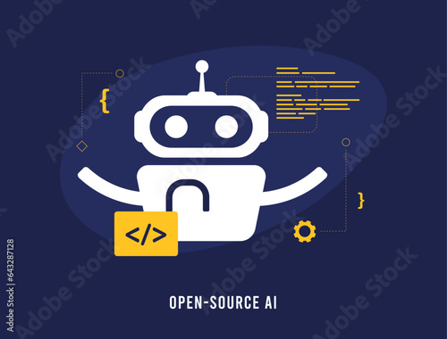 Open Source AI Tools and Projects concept. Open-source Artificial Intelligence Software for code creation, creating graphic, communication. Vector illustration isolated on dark background with icons