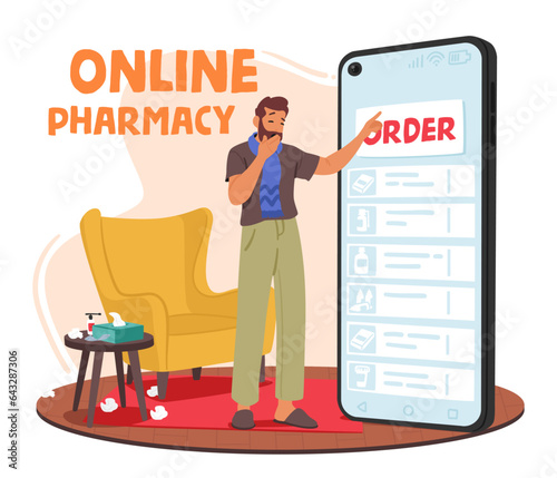 Ailing Man Character Order Medication From An Online Pharmacy To Alleviate His Illness. Convenient And Swift Access