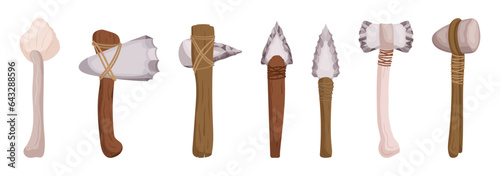Set Of Essential Stone Age Hunting Tools For Early Humans To Hunt Animals For Survival. Spear And Arrow, Stone Hammer