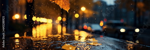 Autumn yellow leaves fall on wet rainy pavement in evening city blurred light