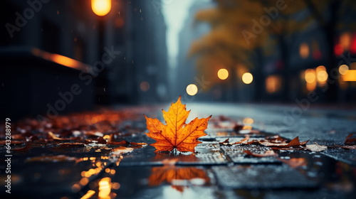 Autumn yellow leaves fall on wet rainy pavement in evening city blurred light