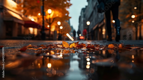 Autumn yellow leaves fall on wet rainy pavement in evening city blurred light