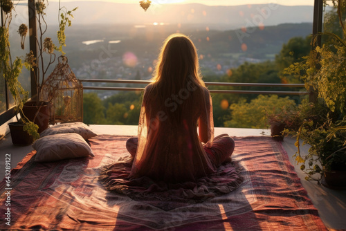 A young girl meditates on an open terrace on a mat in headphones, against the backdrop of nature, yoga pose, lifestyle, relaxation and meditation