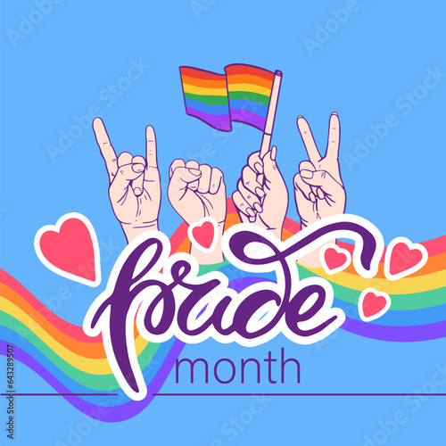 Waved rainbow, Human Hands Showing Different signs and Hand Lettering Pride. Pride Month banner background. Symbols of LGBT pride community.