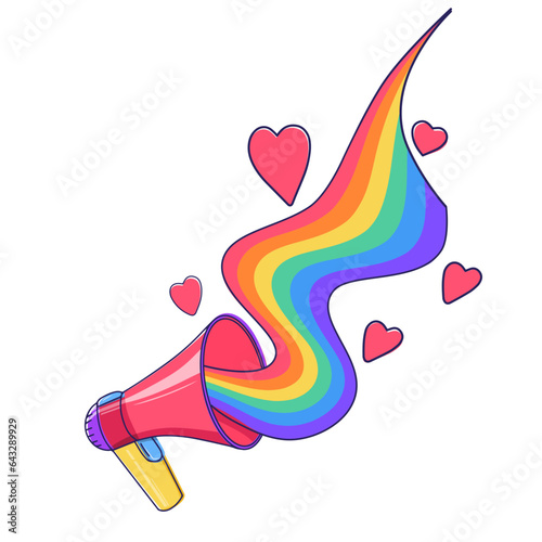 Megaphone or loudspeaker with LGBT rainbow and pink hearts. Pride month symbols.