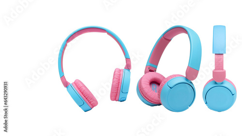 Closeup of blue and pink headphones, isolated on white copy-space background.