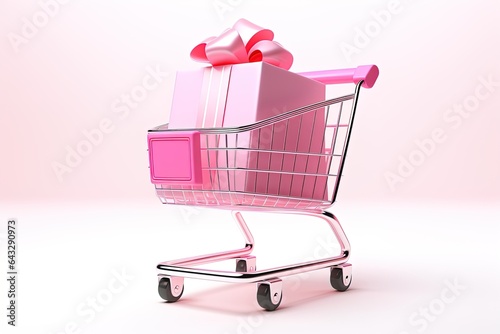 Shopping cart with a big pink gift box with ribbon