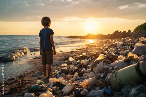 A child walking on a polluted shore looks at the sunset. The concept of the future, ecology and nature pollution