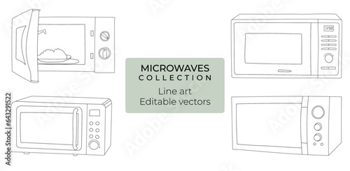 Set of hand drawn editable vector line art illustrations of microwave ovens