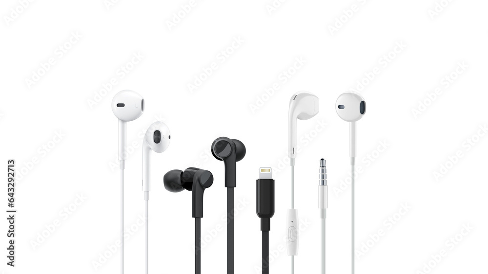Group of black and white handsfree earphones, isolated on white background. Group of black and white handsfree earphones, isolated on white background.