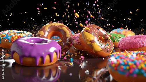 Exploding doughnuts food splatter icing donut chocolate yellow image Ai generated art
