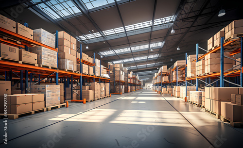 A large warehouse with numerous items. Rows of shelves with boxes. Logistics. Inventory control, order fulfillment or space optimization. Illustration for advertising, marketing or presentation. photo