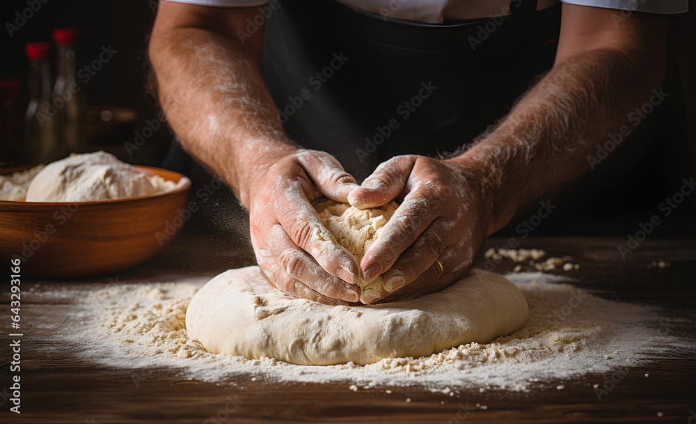  Young man kneading dough on dark background.