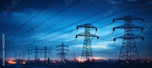  high-voltage tower and power lines with abstract defocused city lights at night, transmission of electricity for urban life