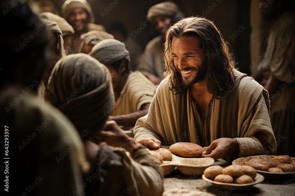 Jesus Christ fed bread to the poor , bible religion, gospels, ancient