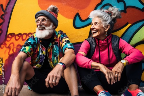 Happy old couple in colorful clothes in front of a colorful background wall.