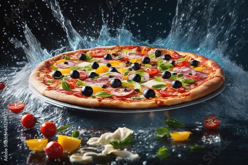 delicious italian pizza with fresh ingredients on black backgrounddelicious italian pizza with fresh ingredients on black backgroundfresh pizza with vegetables, cheese, basil, tomato, mozzarella and b photo