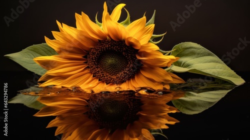 Beautiful sunflower with reflection on black background. 