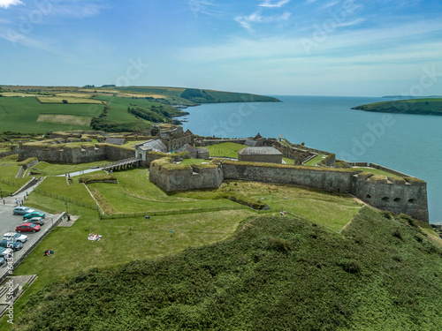 Aerial view of Charles Fort, start shape coastal military stronghold at Kinsale Bay Ireland with large cannon gun platform bastions photo