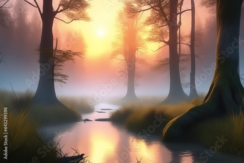 forest in the sunset. beautiful nature backgroundforest in the sunset photo