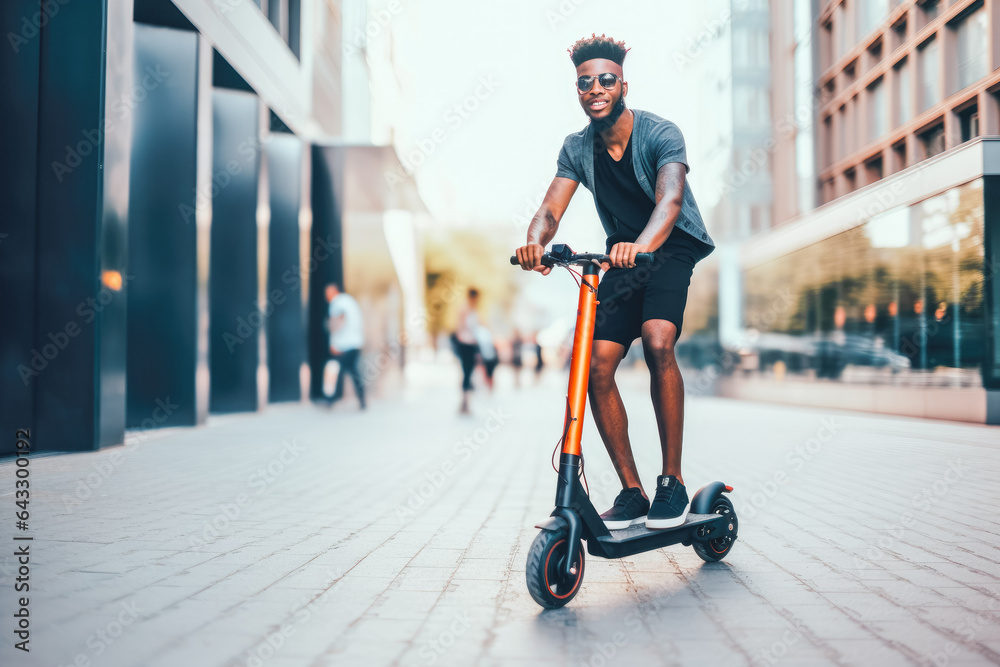 Fototapeta premium Young black man in sport clothes and sunglasses driving scooter, modern lifestyle