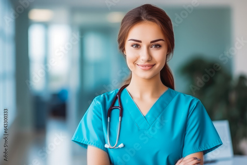 Nurse standing in a hospital in medical scrubs, looking at the camera with confidence