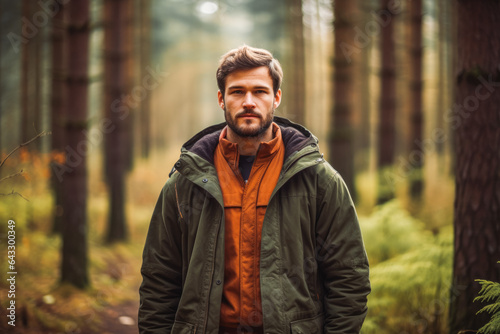 Portrait of good-looking young man in the wood, trees in the background