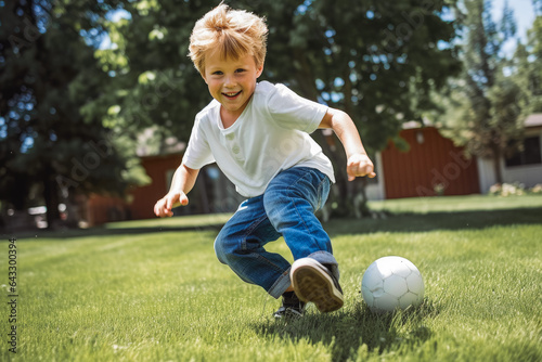 Young soccer player having fun on a field with ball © VisualProduction