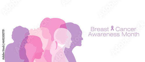 Banner with silhouettes of women standing side by side and space for text.Breast Cancer Awareness Month.Flat vector illustration.