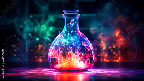 Neon potion bottle glowing with magical contents photo