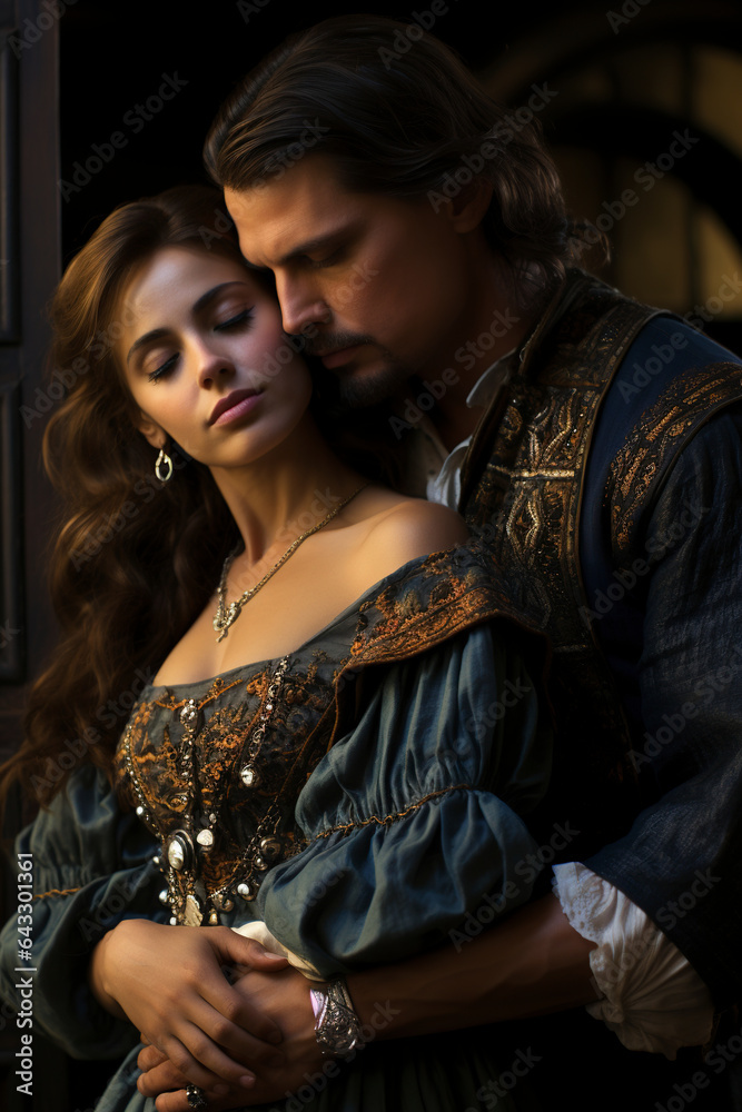 The prince and princess embrace each other tenderly. A couple in love in beautiful medieval clothes. King and queen, sultan and concubine. Cover for a love story