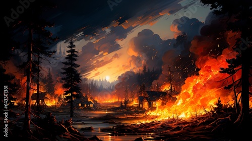 Viewed from above, a vast forest fire engulfs the scenery, underlining the awe-inspiring might of the elemental fire and its unleashed wrath.