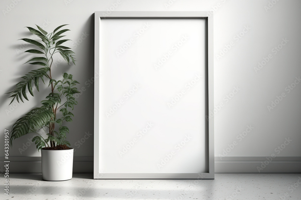 Wooden photo frames lean against white walls. Blank mockup template. Generative AI Wooden photo frames lean against white walls. Blank mockup template. Generative AI