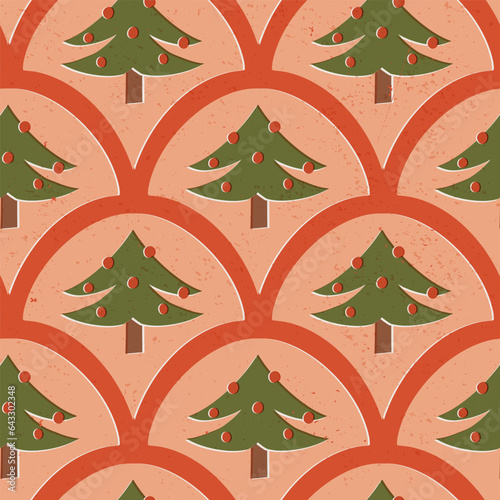 Christmas midcentury seamless pattern. Decorated Christmas tree, New Year holidays festive 1950s retro vector repeat.