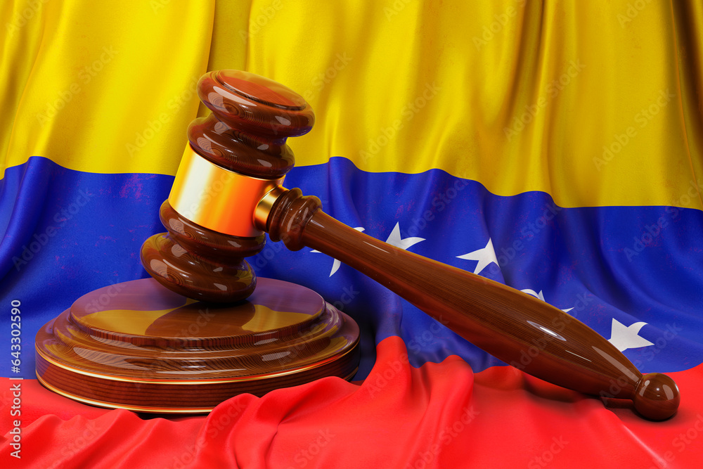 Venezuelan law and justice concept. Wooden gavel on flag of Venezuela, 3D rendering